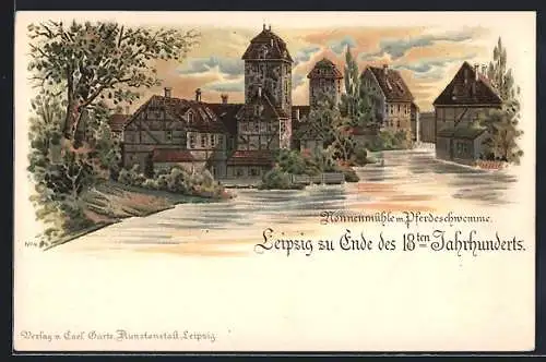 Lithographie Leipzig, Nonnenmühle mit Pferdeschwemme, historische Ansicht