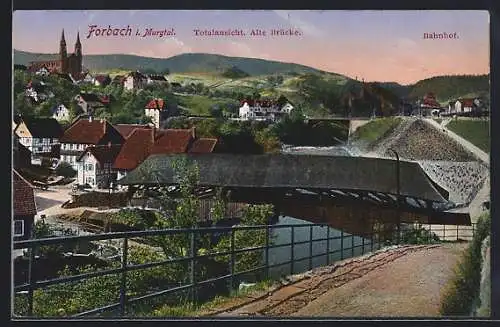 AK Forbach i. Murgtal, Totalansicht, Alte Brücke, Bahnhof