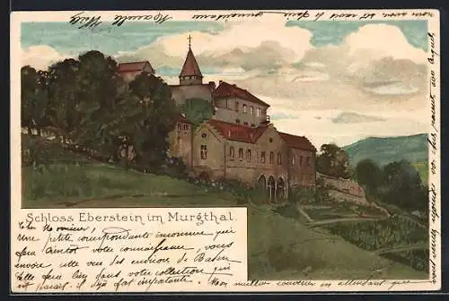 Lithographie Eberstein / Schwarzwald, Schloss im Murgthal