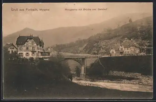 AK Forbach / Murgthal, Murgpartie mit Brücke und Bahnhof