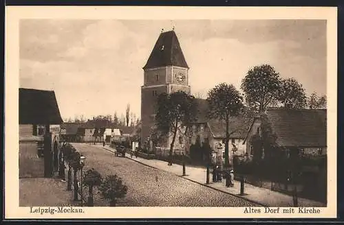 AK Leipzig-Mockau, Partie in der Altstadt mit Kirche