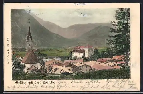 AK Golling, Teilansicht mit Kirche und Blick zum Rossfeld