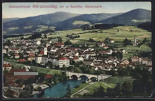 AK Mürzzuschlag, Ortsansicht mit Brücke