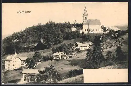 AK Dürnberg, Ortsansicht mit Kirche aus der Vogelschau