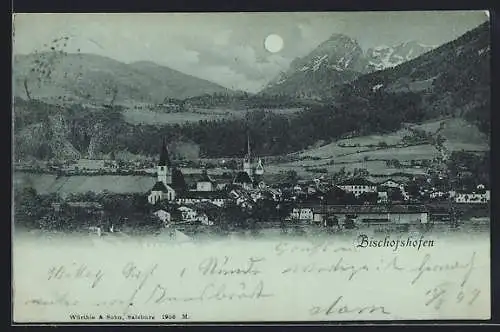 Mondschein-AK Bischofshofen, Gesamtansicht mit Bergpanorama