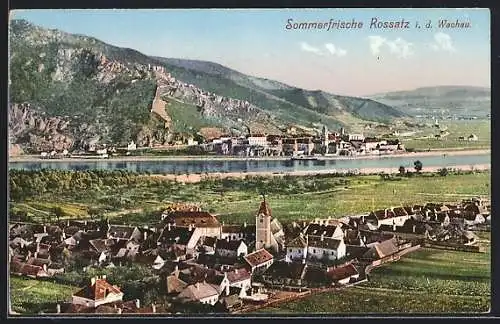 AK Rossatz i. d. Wachau, Ortsansicht mit Wasserblick aus der Vogelschau