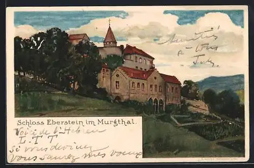 Lithographie Eberstein / Schwarzwald, Schloss im Murgthal