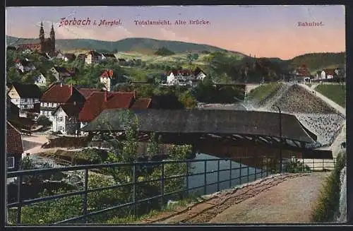 AK Forbach i. Murgtal, Totalansicht, Alte Brücke, Bahnhof