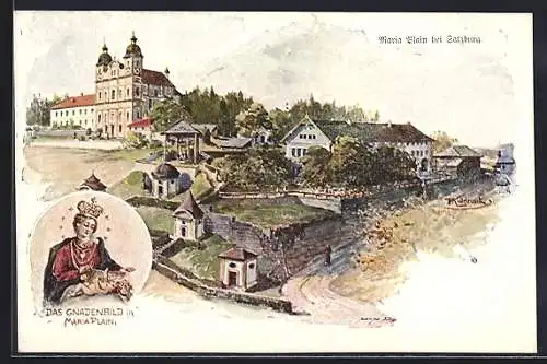 Künstler-AK Franz Kulstrunk: Maria Plain, Blick zur Wallfahrtskirche, Gnadenbild