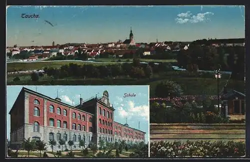 AK Taucha, Teilansicht mit Kirche, Schule