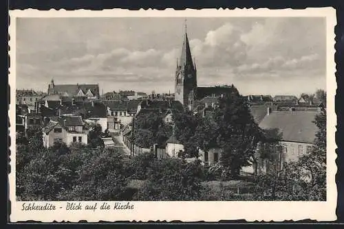 AK Schkeuditz, Ortsansicht mit Blick auf die Kirche