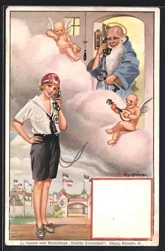 AK Die Turnerlore telefoniert mit altem Mann, Zwei Englein mit Laute auf einer Wolke