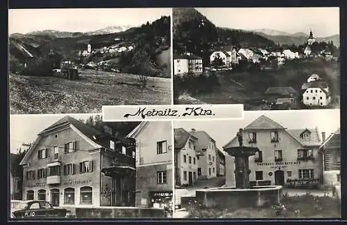 AK Metnitz, verschiedene Ortsansichten mit der Kirche, Gasthaus Rabensteiner