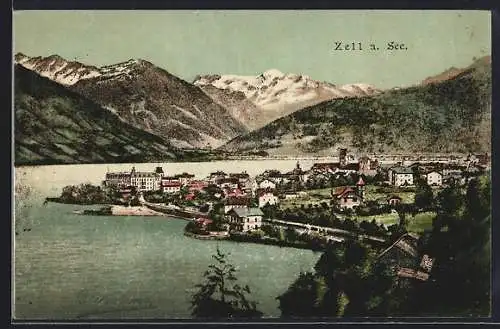 AK Zell am See, Blick auf den Ort mit Seepartie