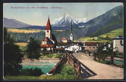 AK Bischofshofen, Teilansicht mit Brücke und Blick auf den Hochkönig