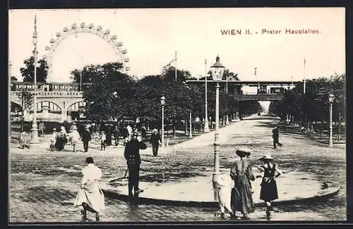 AK Wien, das Riesenrad am Praterstern, Blick in die Hauptallee