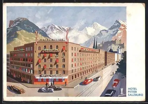 AK Salzburg, Blick auf das Hotel Pitter mit Bergkette