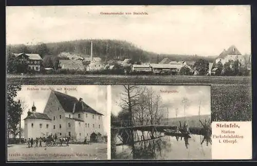 AK Steinfels, Gesamtansicht, Schloss Steinfels mit Kapelle, Naabpartie