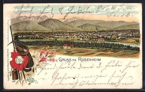 Lithographie Rosenheim / Bayern, Blick aus der Ferne auf die Stadt