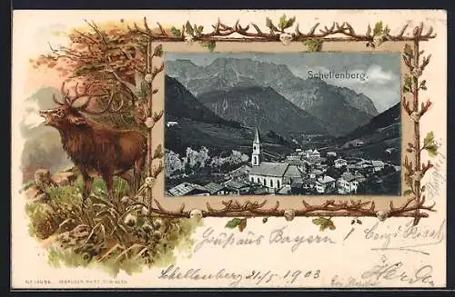 Passepartout-Lithographie Schellenberg / Ramsau, Teilansicht mit Kirche, Röhrender Hirsch
