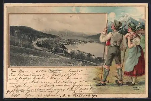 Passepartout-Lithographie Tegernsee, Blick auf die Stadt am See