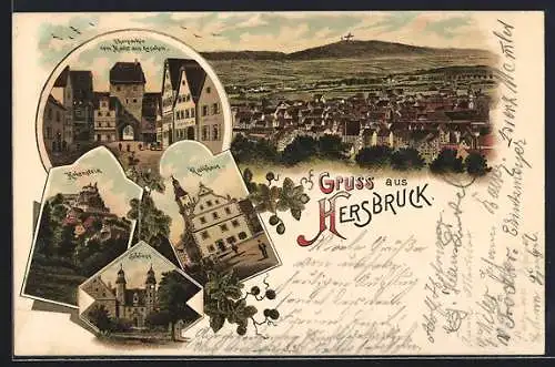 Lithographie Hersbruck, Schloss, Rathaus, Torpartie vom Markt aus gesehen