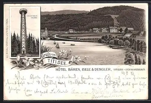 Lithographie Titisee, Totalansicht, Hochfirst-Turm