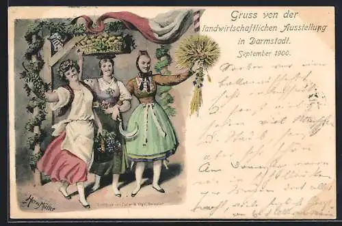 Künstler-AK Darmstadt, landwirtschaftliche Ausstellung Sep. 1900, 3 Frauen mit Getreide