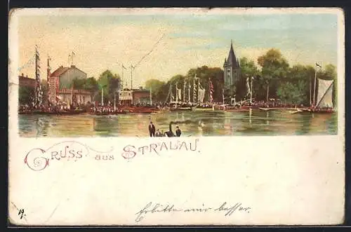 Lithographie Berlin-Friedrichshain-Stralau, Partie am See