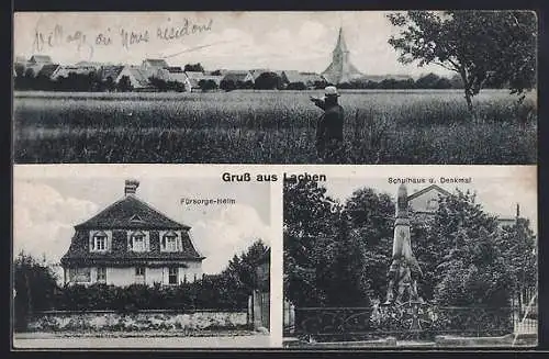 AK Lachen, Teilansicht, Fürsorge-Heim, Schulhaus und Denkmal