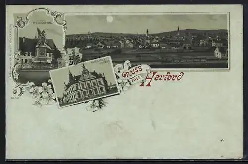 Mondschein-Lithographie Herford, Teilansicht, Kaiserliches Postamt, Kriegerdenkmal