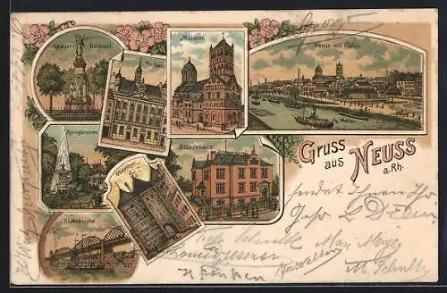 Lithographie Neuss a. Rh., Ständehaus, Rathaus, Münster