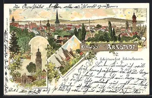 Lithographie Arnstadt, Schützenfest Schönbrunn, Teilansicht, Liebfrauen-Kirche, Ruine Neideck