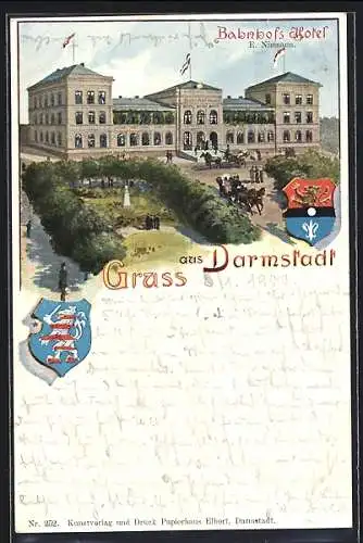 Lithographie Darmstadt, Bahnhofshotel mit Kutschen und Wappen