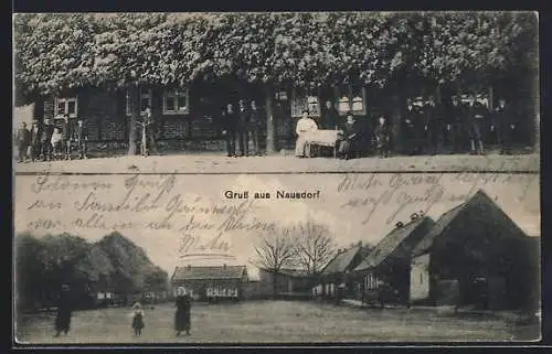 AK Nausdorf, Gasthof mit kleiner Versammlung, Ortspanorama mit Platz