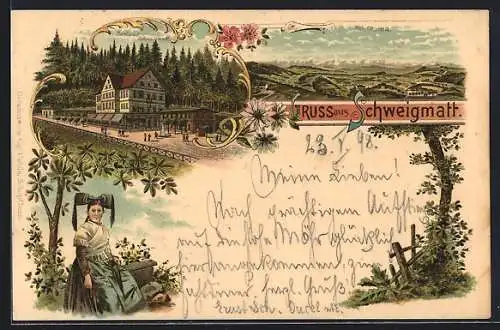 Lithographie Schweigmatt, Kurhaus mit Strasse, Trachtenmädchen, Ortsansicht