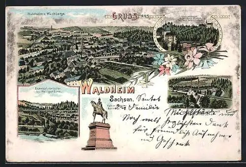 Lithographie Waldheim /Sachsen, Schlösser und Fabriken in Kriebstein, Eisenbahnbrücke bei Heiligerborn, Ortsansicht