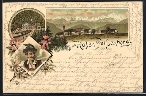 Lithographie Hoher Peissenberg, Ortspanorama, Tracht, Bad Sulz