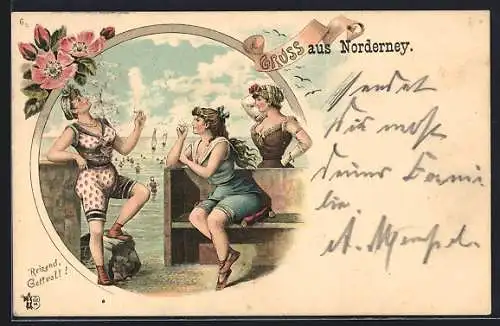 Lithographie Norderney, Drei junge Damen in Badeanzügen am Strand, Zigaretten rauchend