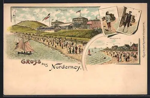 Lithographie Norderney, Weststrand, Gasthaus Giftbude