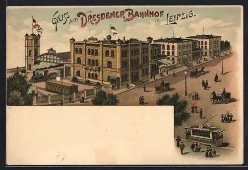 Lithographie Leipzig, Dresdener Bahnhof mit Strassenbahn aus der Vogelschau