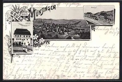 Lithographie Münsingen, Bahnhof, Schloss, Ortsansicht aus der Vogelschau