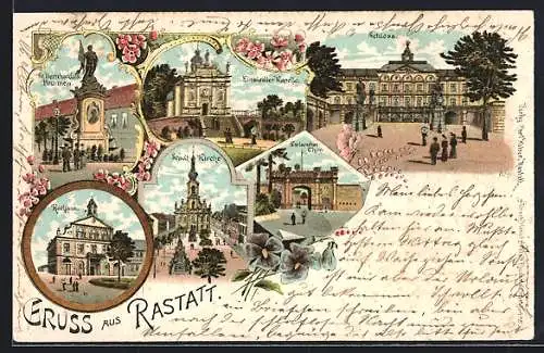 Lithographie Rastatt, Schloss mit Statuen, Stadtkirche aus der Vogelschau, Rathaus mit Passanten