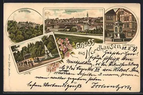 Lithographie Nordhausen, Totalansicht mit Lutherbrunnen