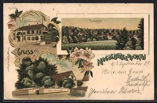 Lithographie Magdeburgerforth, Hotel z. drei Linden in zwei Ansichten, Ortspanorama