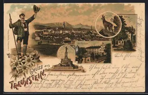 Lithographie Traunstein, Kurhaus, Bad Empfing, Panorama