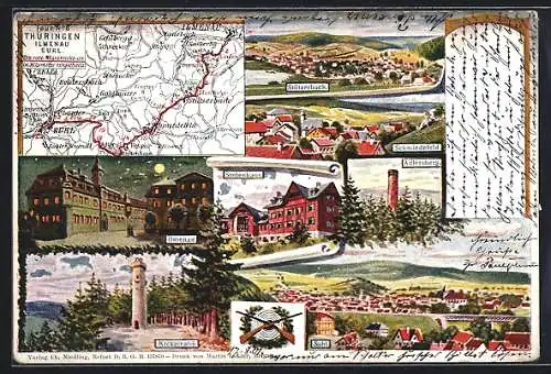 Künstler-AK Ilmenau /Thüringen, Tour Ilmenau-Suhl, Landkarte mit Manebach, Schmiedefeld und Schmücke, Stutenhaus