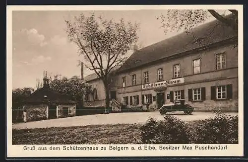 AK Belgern /Elbe, Gaststätte Schützenhaus Max Puschendorf mit Turmgebäude u. Vorplatz