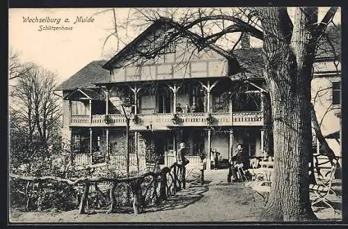 AK Wechselburg a. Mulde, Gasthaus Schützenhaus mit Biergarten