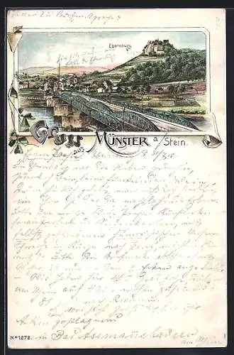Lithographie Münster a. Stein, Ebernburg und Brückenpartie